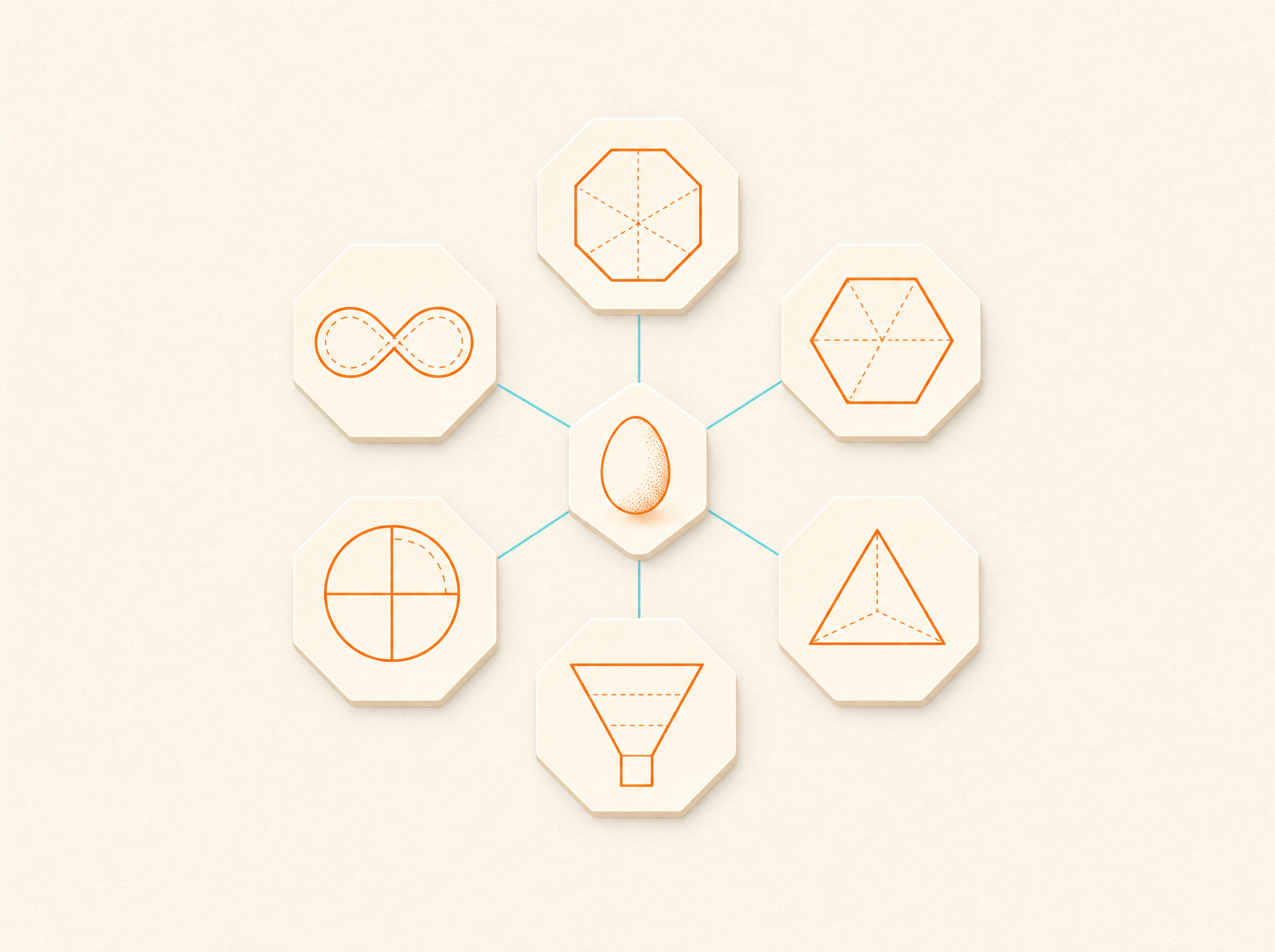 Six framework lenses arranged around a central Hatched egg
