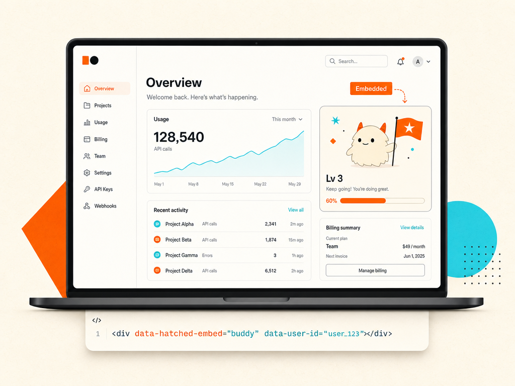 Hatched buddy widget rendered inside a partner SaaS dashboard