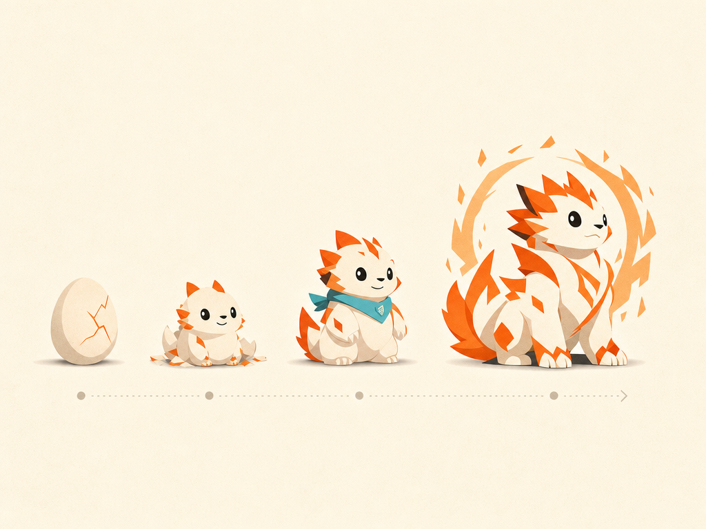 Four Hatched buddy evolution stages from egg to legendary form