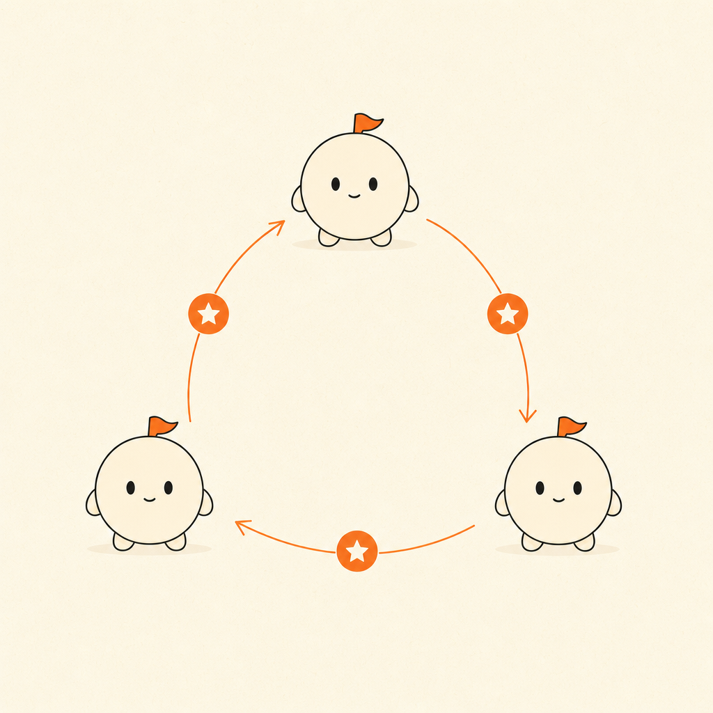 Three buddies in a triangular kudos exchange